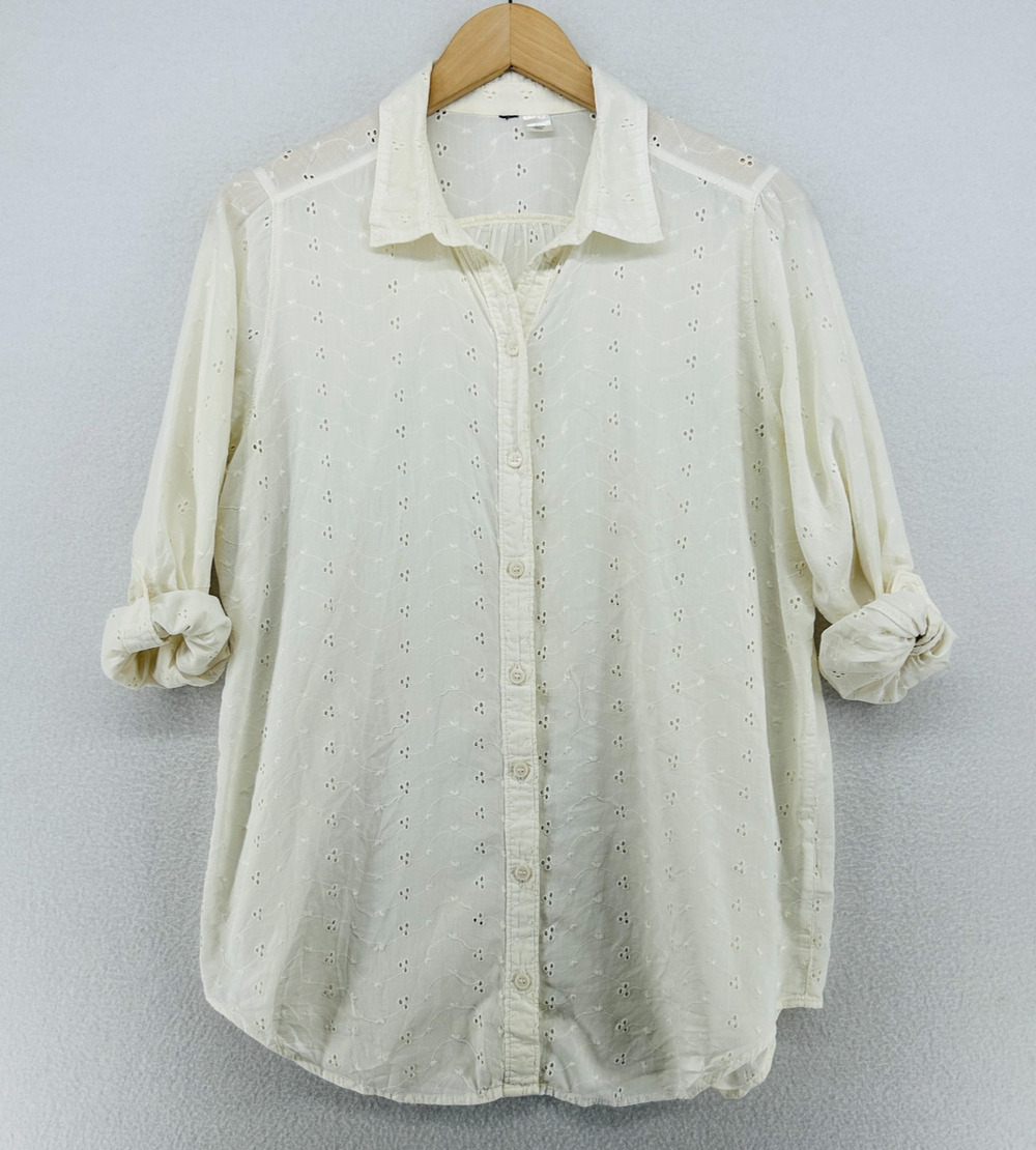 Womens Top M Eyelet Embroidered Shirt Button Up Roll Tab Sleeve Off White India